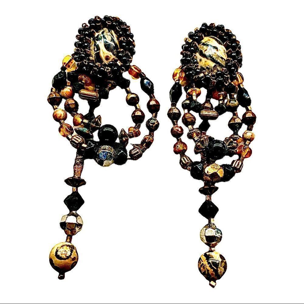 Leopard agate festoon style dangle earrings hand crafted artist made pierced